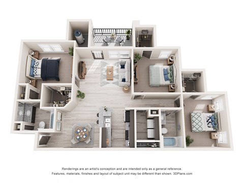 3-D Rendering of a 3-Bedroom, 2-Bathroom Home at Laurel View Apartments in Concord, NC
